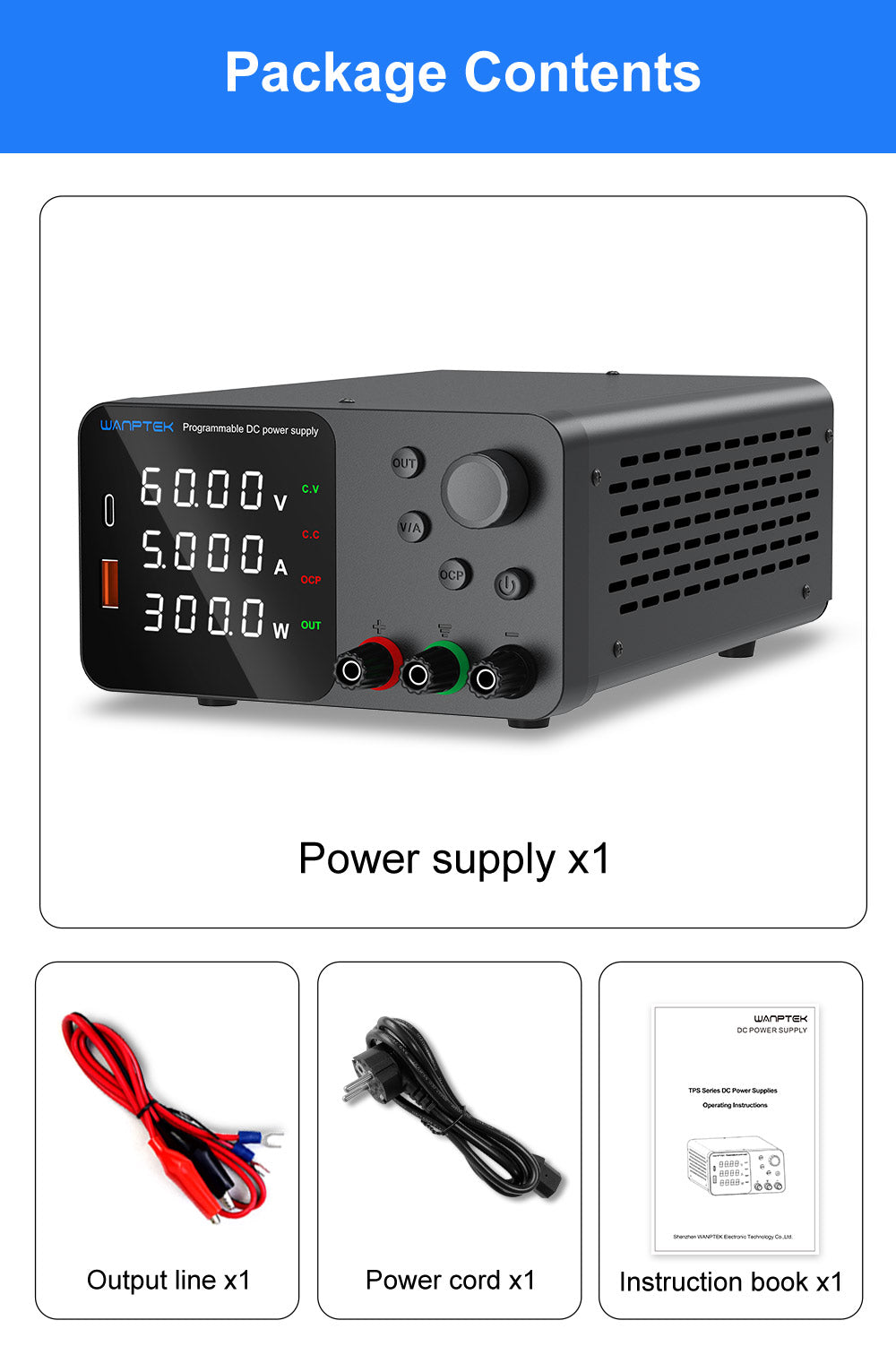 WANPTEK TPS605 Adjustable Regulated DC Power Supply, 60V 5A, Encoder Adjustment, USB Type-C Fast Charging, 4-Digit Display, Low Noise, A/V Switching, Cooling Fan White - EU Plug