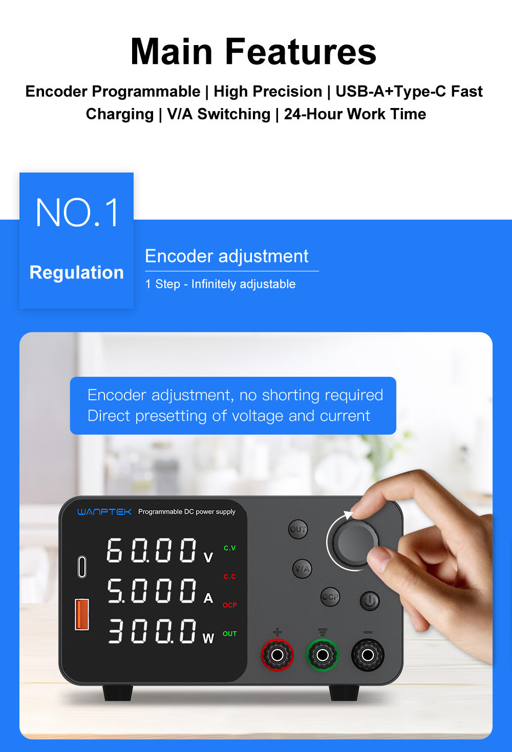 WANPTEK TPS605 Adjustable Regulated DC Power Supply, 60V 5A, Encoder Adjustment, USB Type-C Fast Charging, 4-Digit Display, Low Noise, A/V Switching, Cooling Fan White - EU Plug