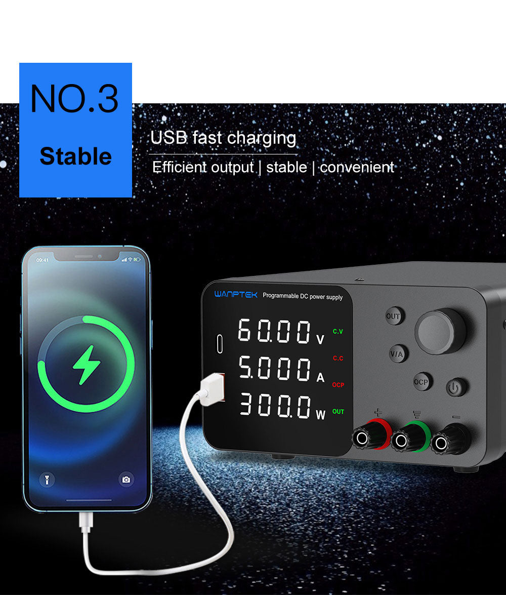 WANPTEK TPS605 Adjustable Regulated DC Power Supply, 60V 5A, Encoder Adjustment, USB Type-C Fast Charging, 4-Digit Display, Low Noise, A/V Switching, Cooling Fan White - EU Plug