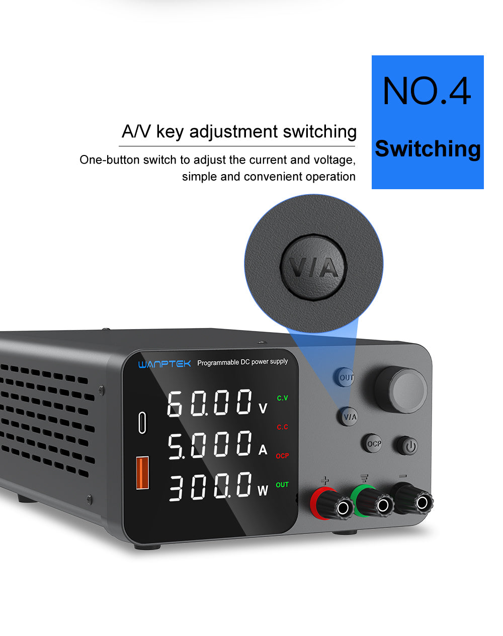 WANPTEK TPS605 Adjustable Regulated DC Power Supply, 60V 5A, Encoder Adjustment, USB Type-C Fast Charging, 4-Digit Display, Low Noise, A/V Switching, Cooling Fan White - EU Plug