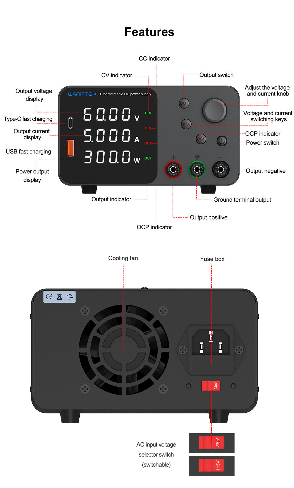 WANPTEK TPS605 Adjustable Regulated DC Power Supply, 60V 5A, Encoder Adjustment, USB Type-C Fast Charging, 4-Digit Display, Low Noise, A/V Switching, Cooling Fan White - EU Plug