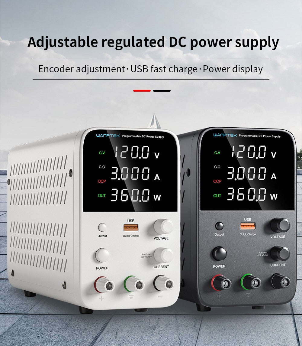 WANPTEK WPS1203 Programmable Regulated DC Power Supply, 120V 3A, Encoder Adjustment, USB Fast Charge, Intelligent Temperature Control, 4-Digit Display, Low Ripple, Low Noise Black - EU Plug