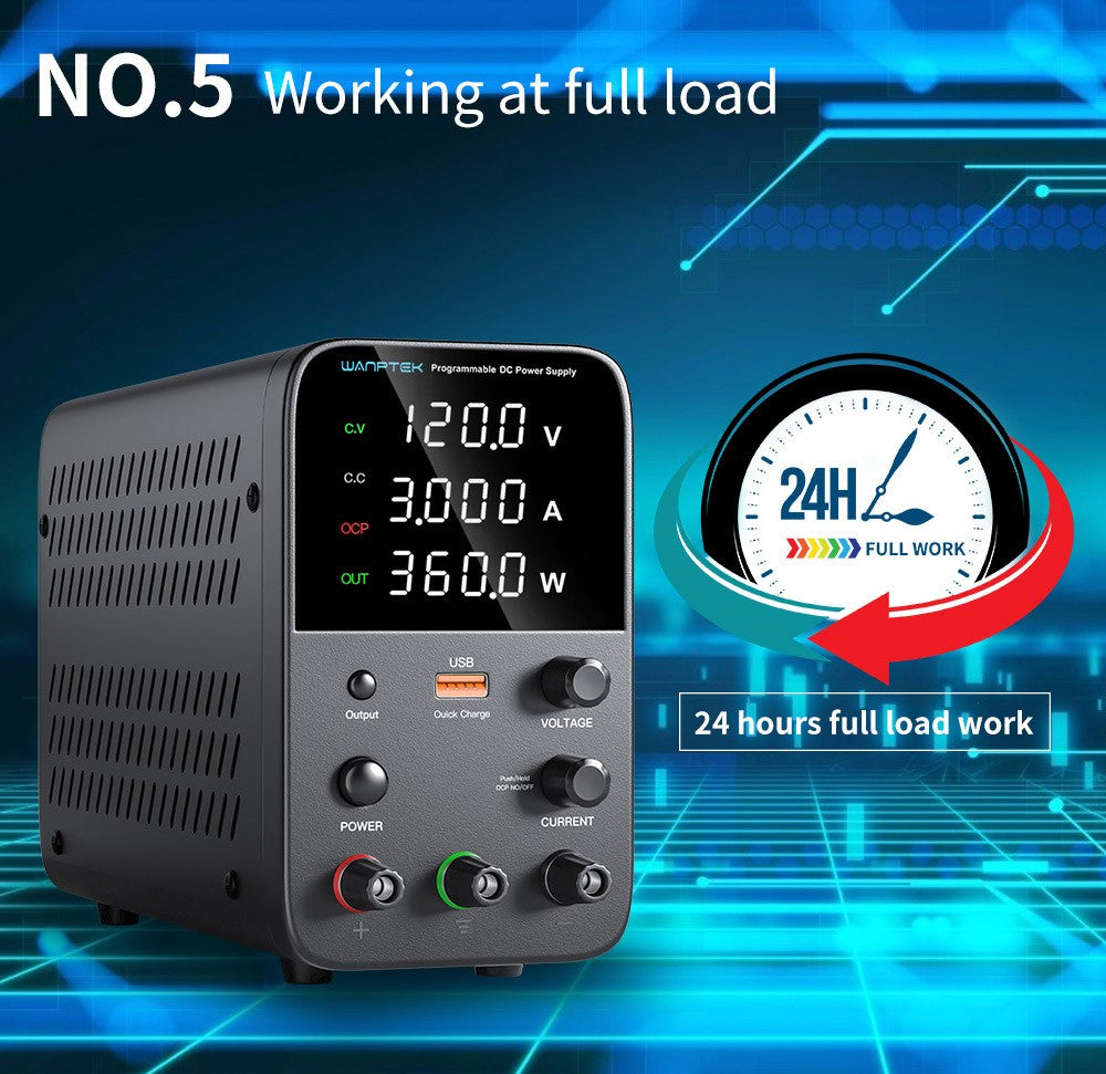 WANPTEK WPS1203 Programmable Regulated DC Power Supply, 120V 3A, Encoder Adjustment, USB Fast Charge, Intelligent Temperature Control, 4-Digit Display, Low Ripple, Low Noise Black - EU Plug