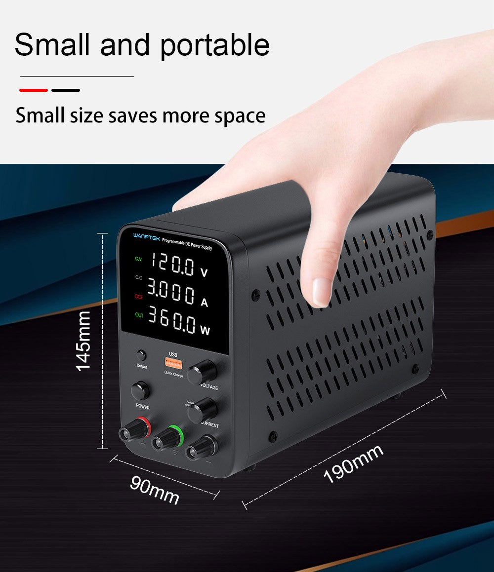 WANPTEK WPS1203 Programmable Regulated DC Power Supply, 120V 3A, Encoder Adjustment, USB Fast Charge, Intelligent Temperature Control, 4-Digit Display, Low Ripple, Low Noise Black - EU Plug