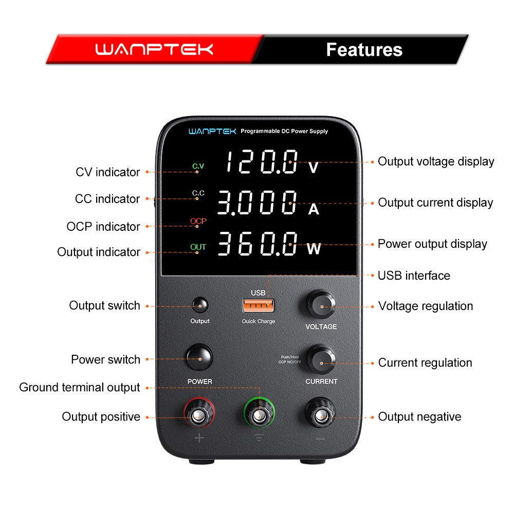 WANPTEK WPS1203 Programmable Regulated DC Power Supply, 120V 3A, Encoder Adjustment, USB Fast Charge, Intelligent Temperature Control, 4-Digit Display, Low Ripple, Low Noise Black - EU Plug