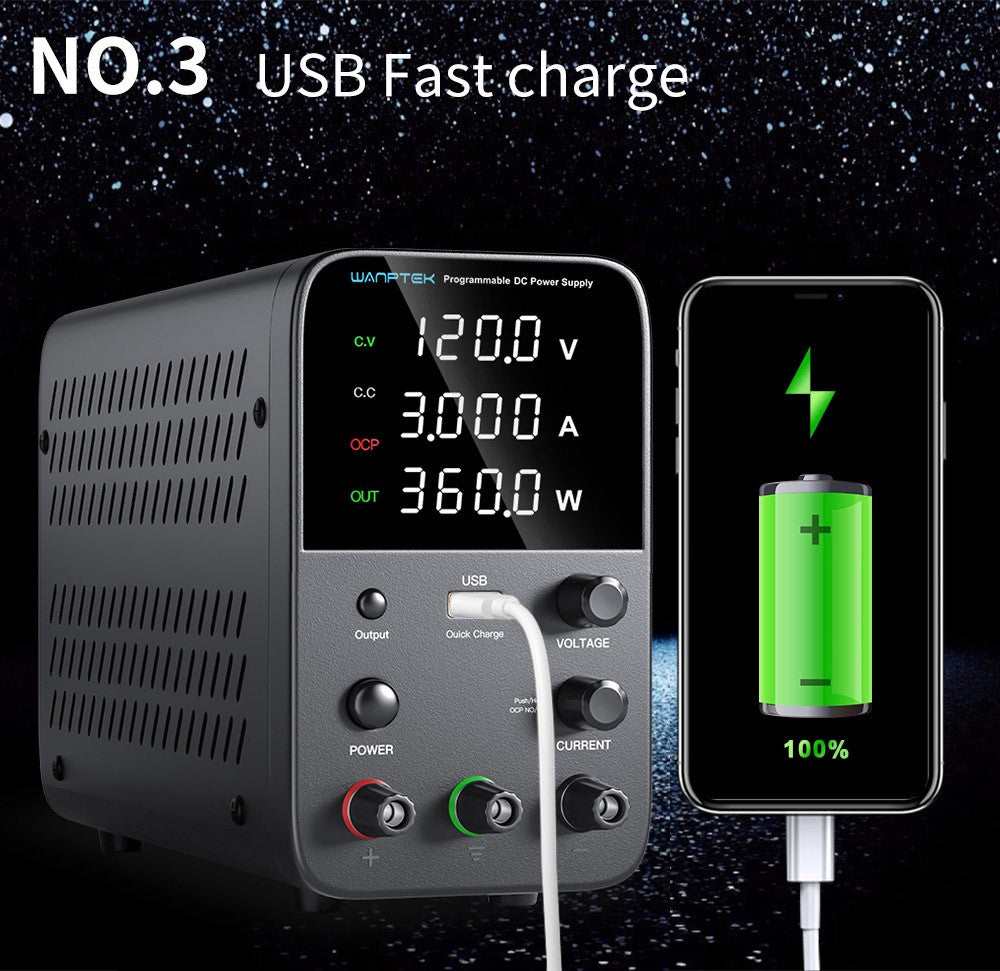 WANPTEK WPS1203 Programmable Regulated DC Power Supply, 120V 3A, Encoder Adjustment, USB Fast Charge, Intelligent Temperature Control, 4-Digit Display, Low Ripple, Low Noise Black - EU Plug