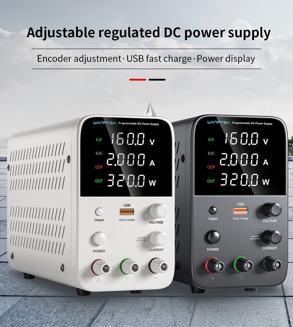 WANPTEK WPS1602 Programmable Regulated DC Power Supply, 160V 2A, Encoder Adjustment, USB Fast Charge, Intelligent Temperature Control, 4-Digit Display, Low Ripple, Low Noise White - UK Plug