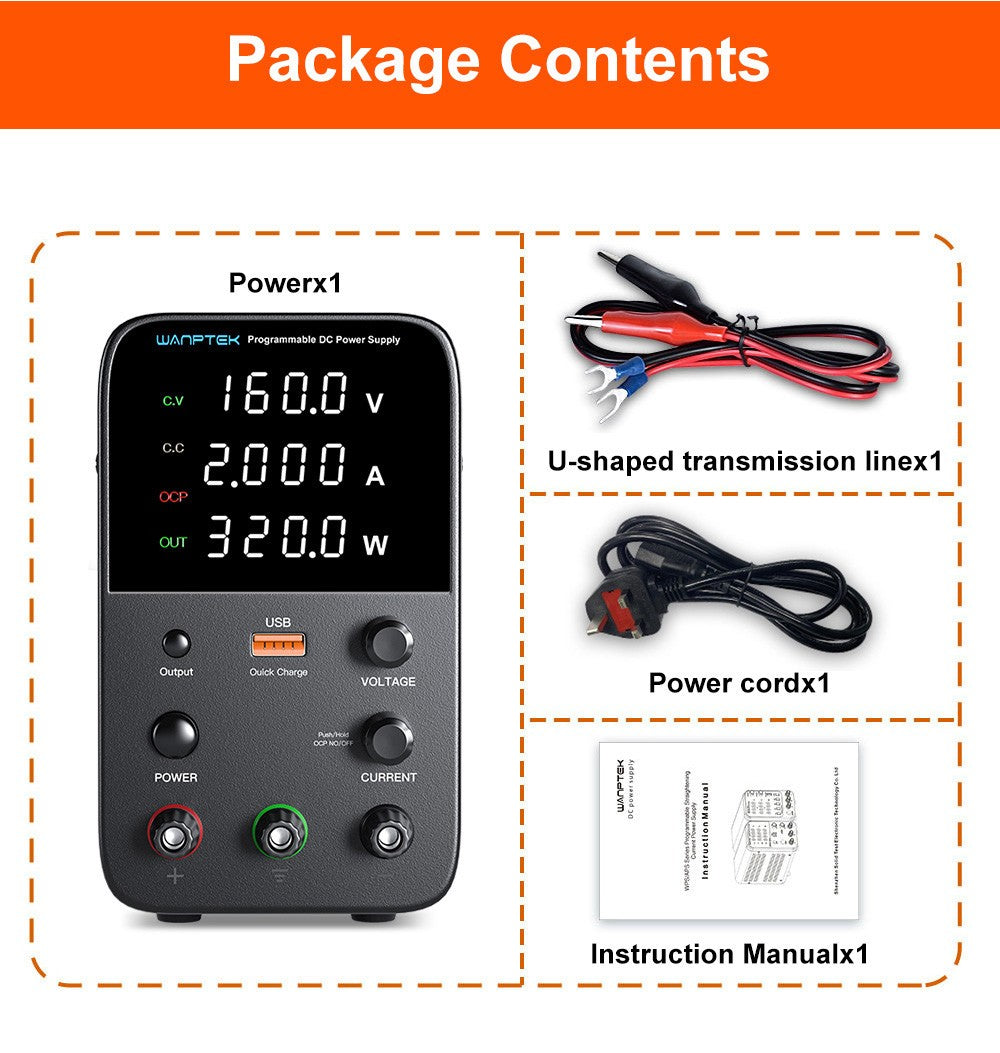 WANPTEK WPS1602 Programmable Regulated DC Power Supply, 160V 2A, Encoder Adjustment, USB Fast Charge, Intelligent Temperature Control, 4-Digit Display, Low Ripple, Low Noise White - UK Plug