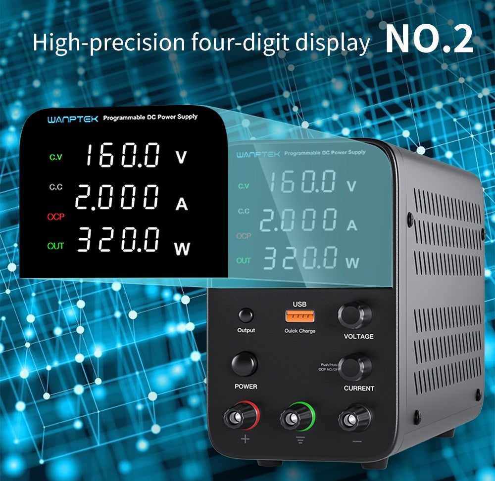 WANPTEK WPS1602 Programmable Regulated DC Power Supply, 160V 2A, Encoder Adjustment, USB Fast Charge, Intelligent Temperature Control, 4-Digit Display, Low Ripple, Low Noise White - UK Plug