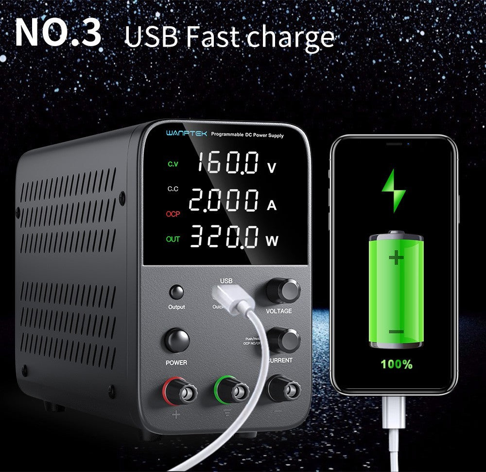 WANPTEK WPS1602 Programmable Regulated DC Power Supply, 160V 2A, Encoder Adjustment, USB Fast Charge, Intelligent Temperature Control, 4-Digit Display, Low Ripple, Low Noise White - UK Plug