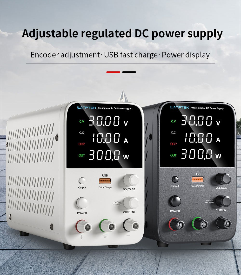 WANPTEK WPS3010 Programmable Regulated DC Power Supply, 30V 10A, Encoder Adjustment, USB Fast Charge, Intelligent Temperature Control, 4-Digit Display, Low Ripple, Low Noise Black - US Plug