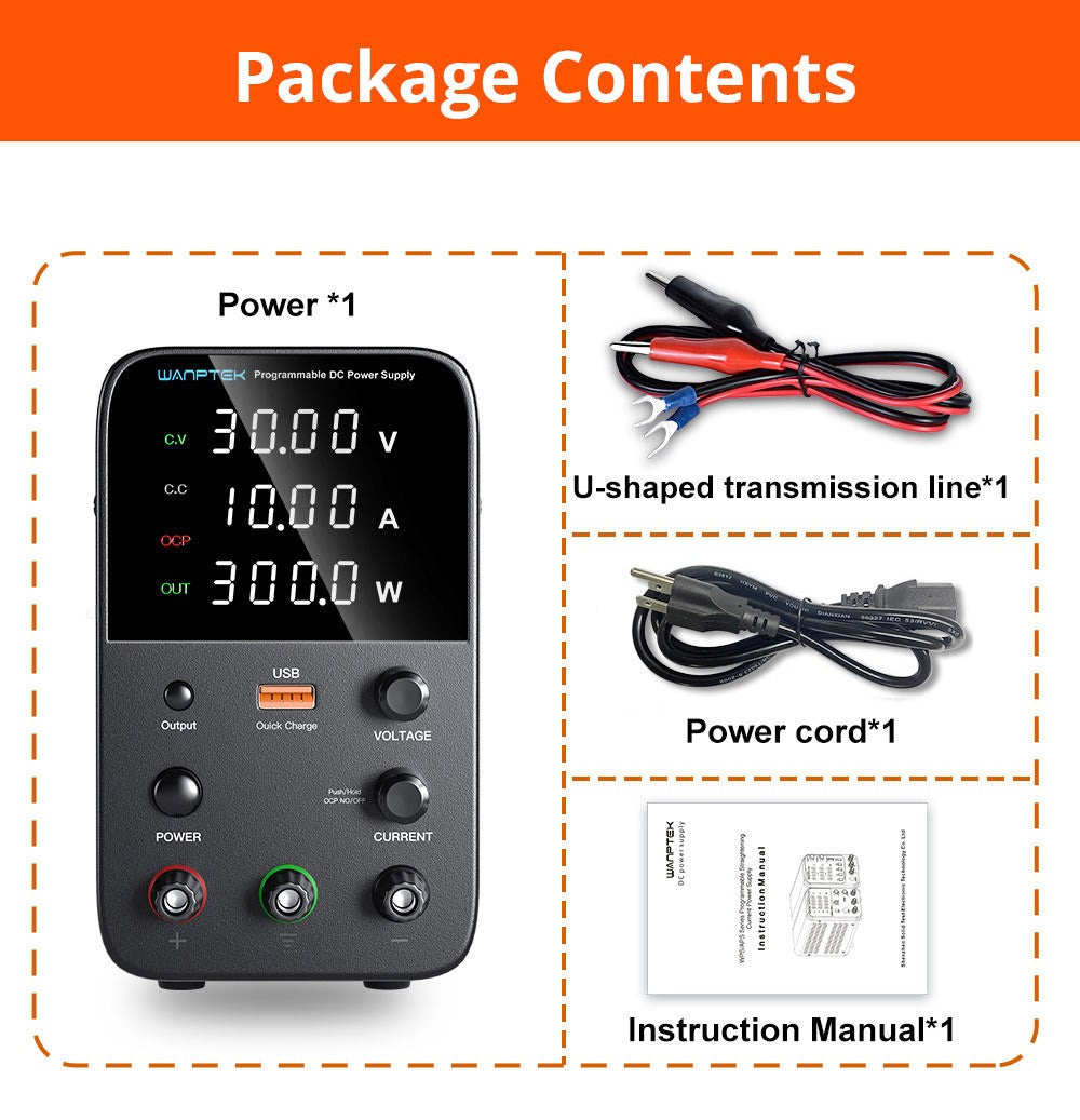 WANPTEK WPS3010 Programmable Regulated DC Power Supply, 30V 10A, Encoder Adjustment, USB Fast Charge, Intelligent Temperature Control, 4-Digit Display, Low Ripple, Low Noise Black - US Plug