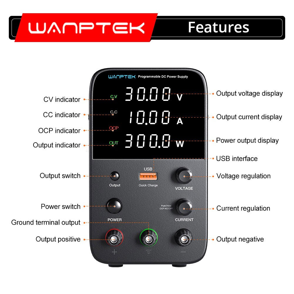 WANPTEK WPS3010 Programmable Regulated DC Power Supply, 30V 10A, Encoder Adjustment, USB Fast Charge, Intelligent Temperature Control, 4-Digit Display, Low Ripple, Low Noise Black - US Plug