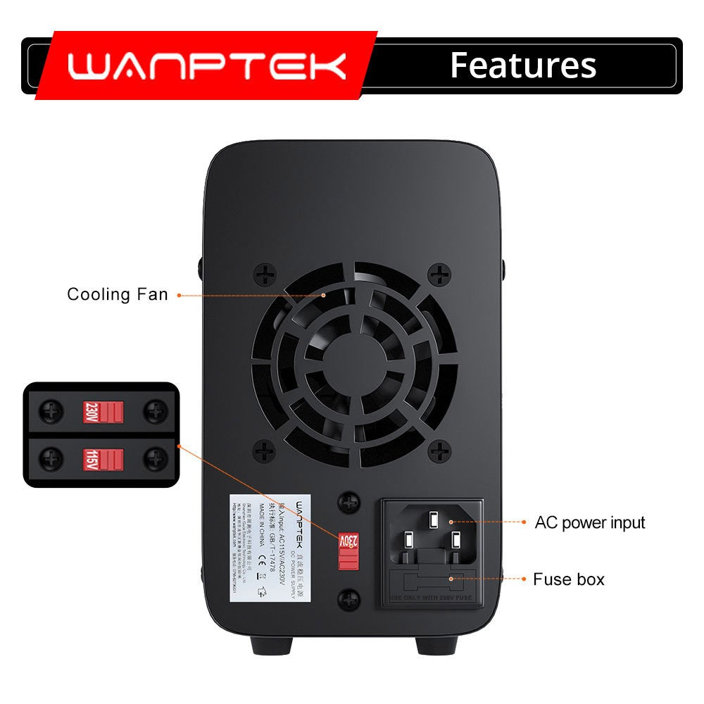 WANPTEK WPS3010 Programmable Regulated DC Power Supply, 30V 10A, Encoder Adjustment, USB Fast Charge, Intelligent Temperature Control, 4-Digit Display, Low Ripple, Low Noise Black - US Plug