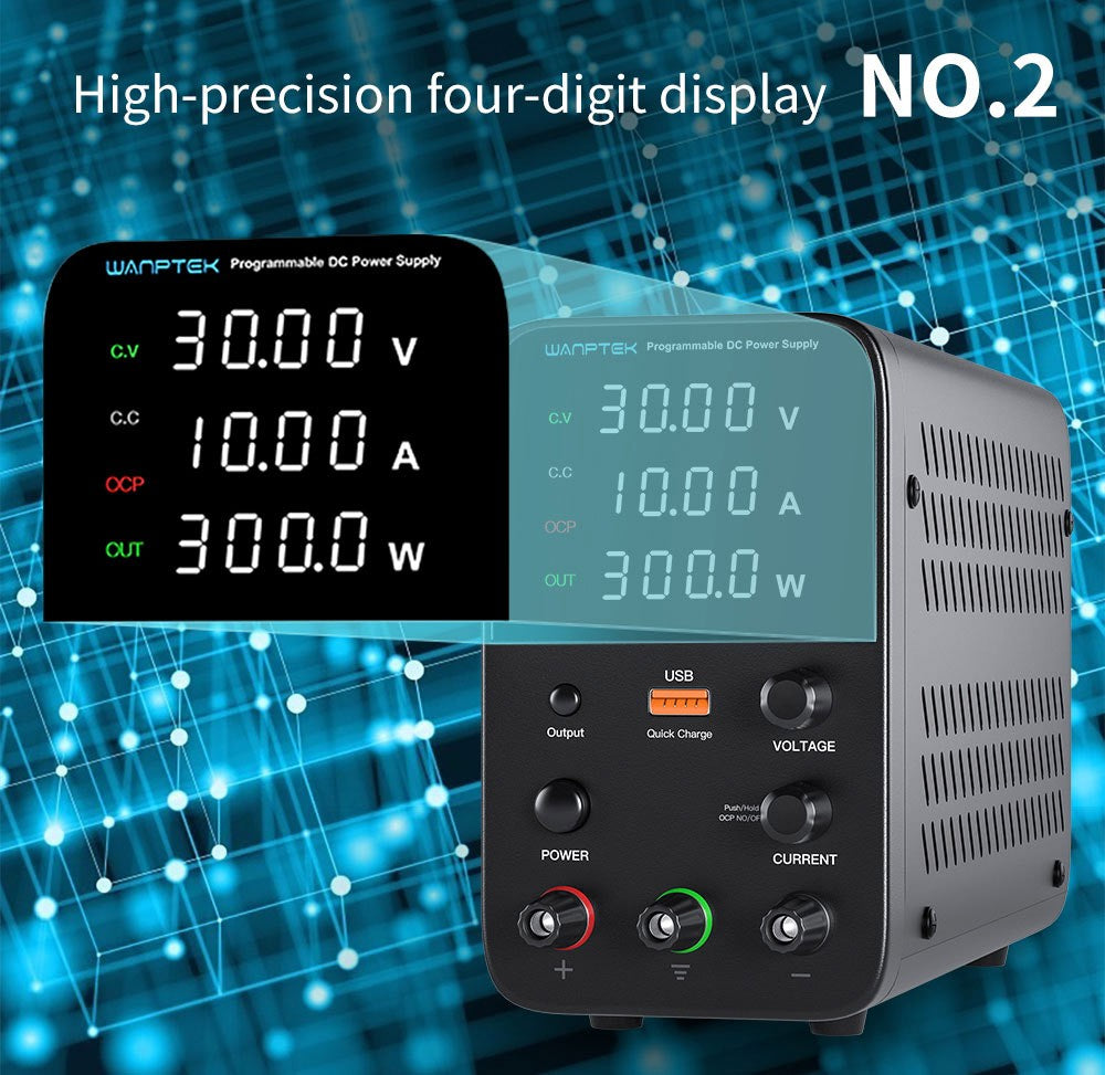 WANPTEK WPS3010 Programmable Regulated DC Power Supply, 30V 10A, Encoder Adjustment, USB Fast Charge, Intelligent Temperature Control, 4-Digit Display, Low Ripple, Low Noise Black - US Plug