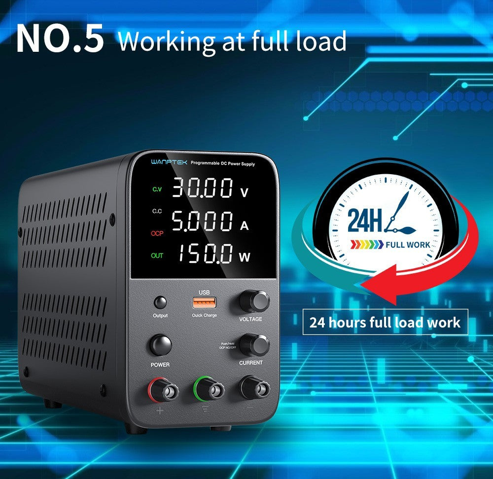 Wanptek WPS305 Programmable Regulated DC Power Supply, 30V 5A, Encoder Adjustment, USB Fast Charge, Intelligent Temperature Control, 4-Digit Display, Low Ripple, Low Noise Black - EU Plug