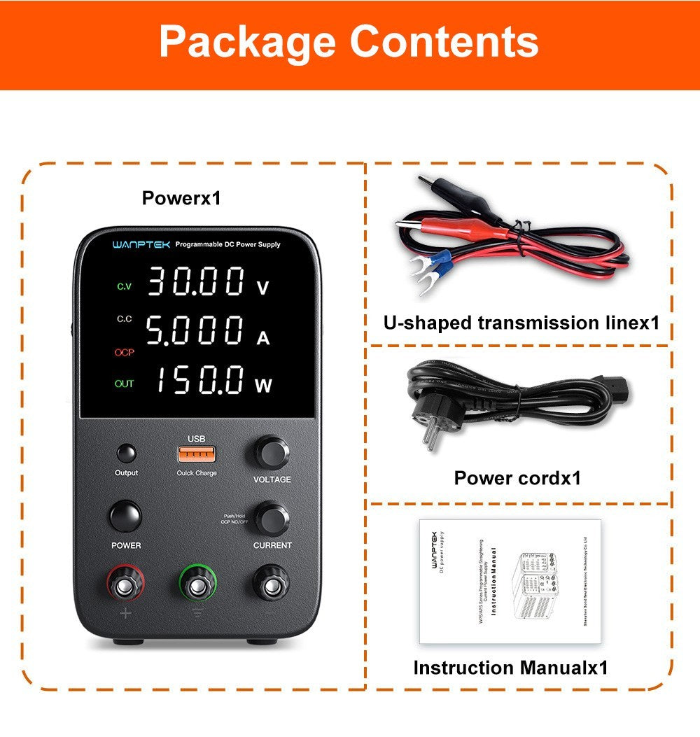 Wanptek WPS305 Programmable Regulated DC Power Supply, 30V 5A, Encoder Adjustment, USB Fast Charge, Intelligent Temperature Control, 4-Digit Display, Low Ripple, Low Noise Black - EU Plug