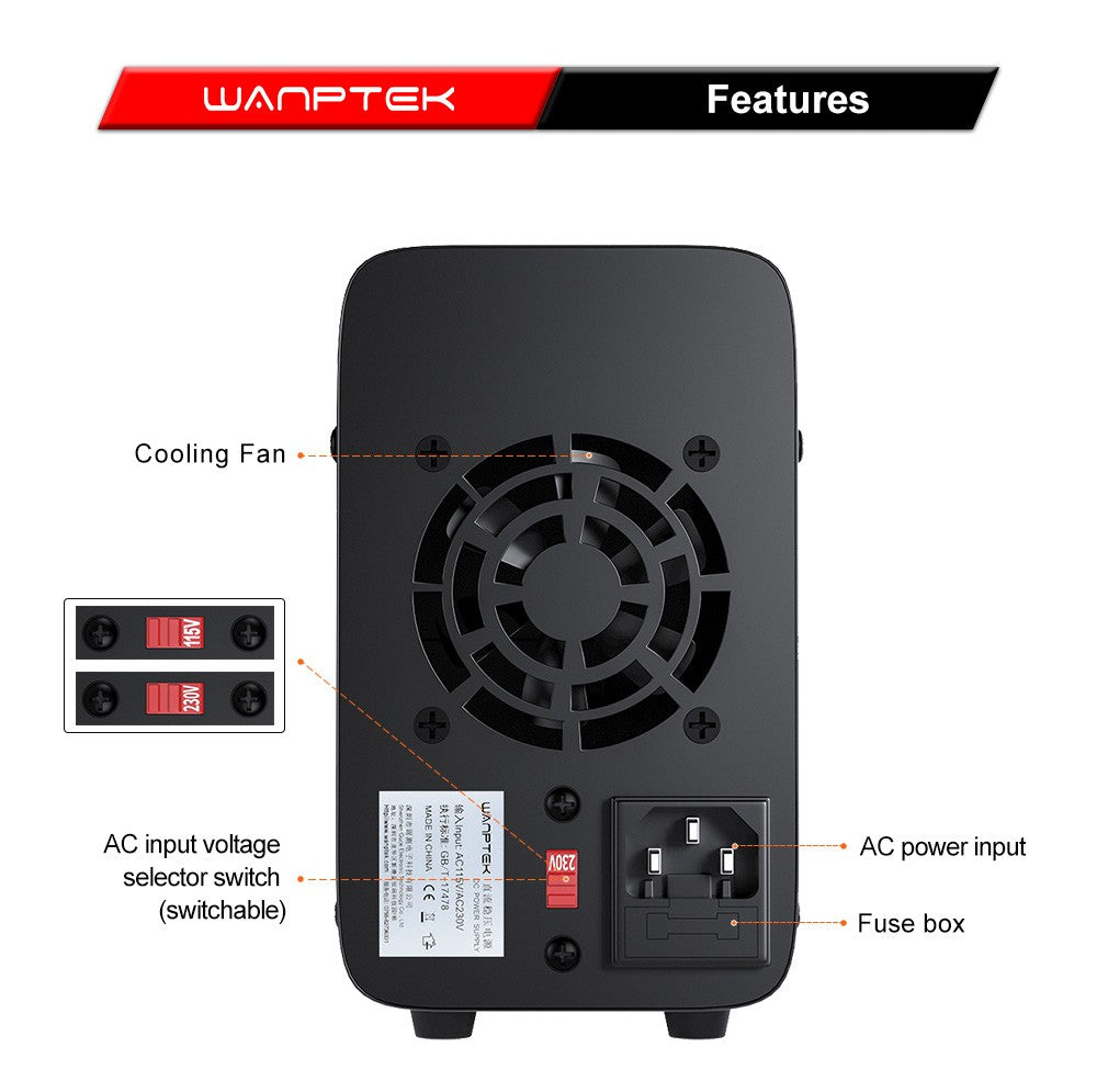 Wanptek WPS305 Programmable Regulated DC Power Supply, 30V 5A, Encoder Adjustment, USB Fast Charge, Intelligent Temperature Control, 4-Digit Display, Low Ripple, Low Noise Black - EU Plug