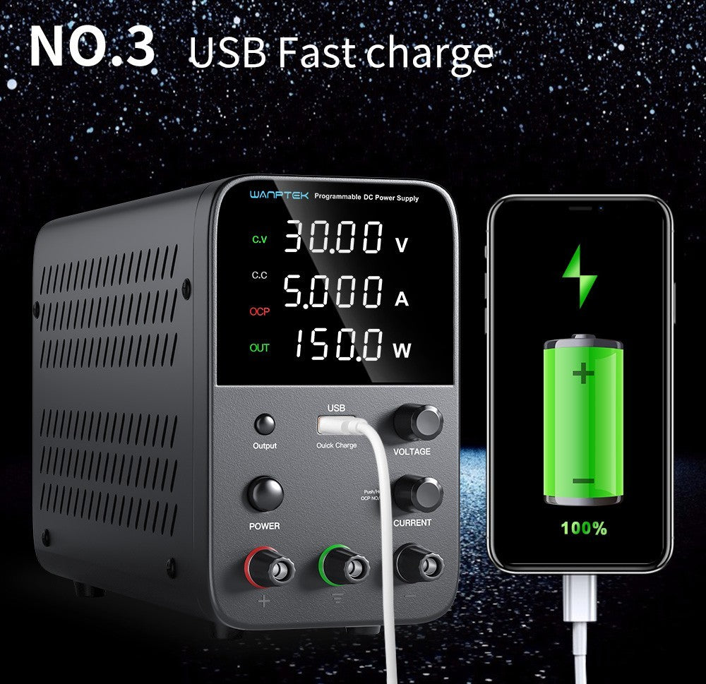 Wanptek WPS305 Programmable Regulated DC Power Supply, 30V 5A, Encoder Adjustment, USB Fast Charge, Intelligent Temperature Control, 4-Digit Display, Low Ripple, Low Noise Black - EU Plug