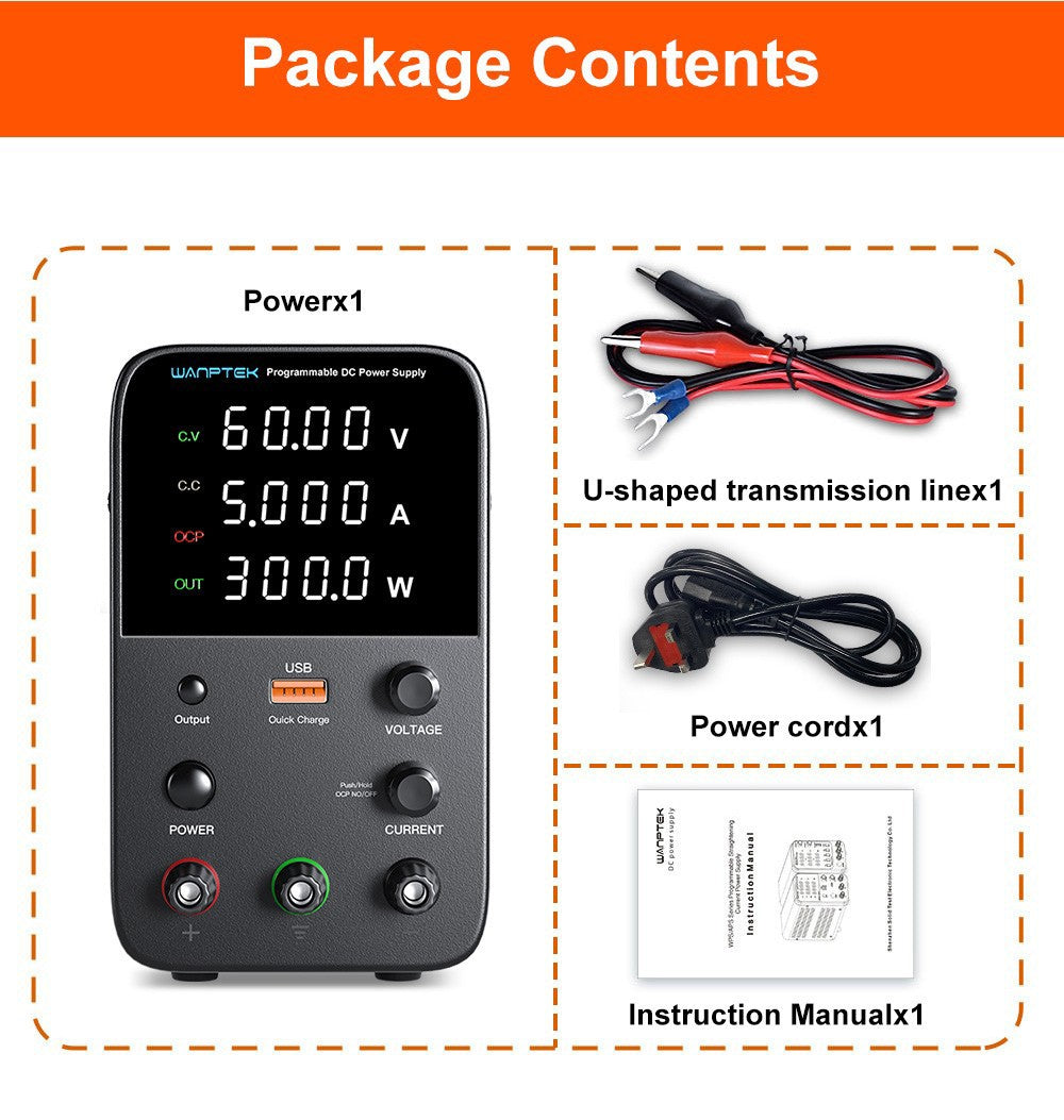 WANPTEK WPS605 Programmable Regulated DC Power Supply, 60V 5A, Encoder Adjustment, USB Fast Charge, Intelligent Temperature Control, 4-Digit Display, Low Ripple, Low Noise Black - UK Plug