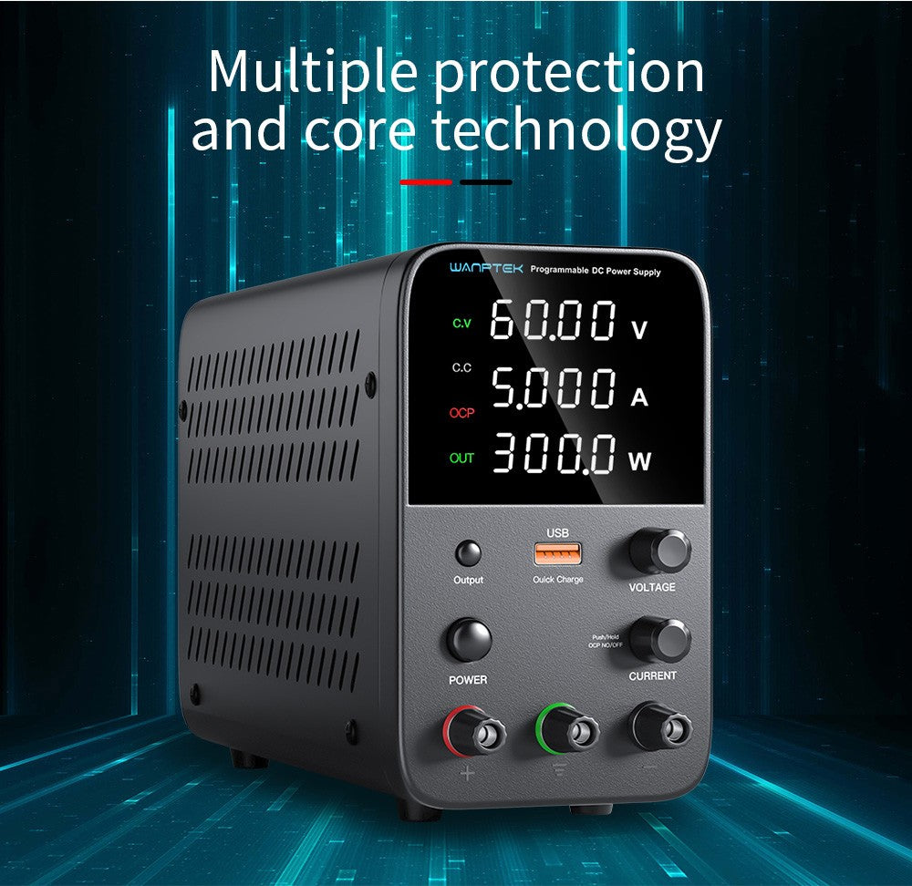 WANPTEK WPS605 Programmable Regulated DC Power Supply, 60V 5A, Encoder Adjustment, USB Fast Charge, Intelligent Temperature Control, 4-Digit Display, Low Ripple, Low Noise Black - UK Plug