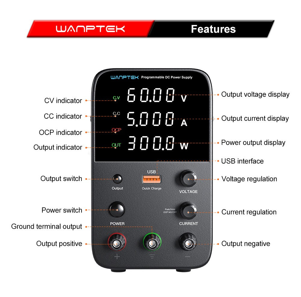 WANPTEK WPS605 Programmable Regulated DC Power Supply, 60V 5A, Encoder Adjustment, USB Fast Charge, Intelligent Temperature Control, 4-Digit Display, Low Ripple, Low Noise Black - UK Plug
