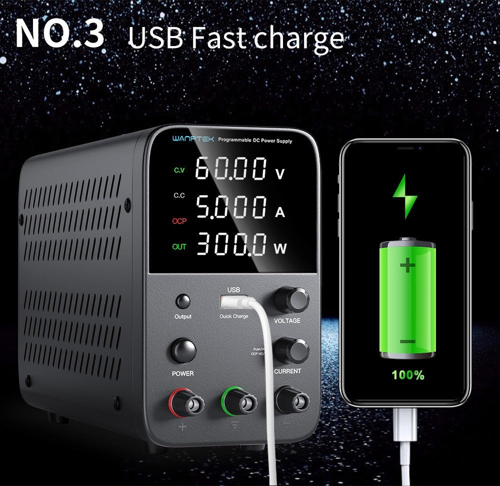 WANPTEK WPS605 Programmable Regulated DC Power Supply, 60V 5A, Encoder Adjustment, USB Fast Charge, Intelligent Temperature Control, 4-Digit Display, Low Ripple, Low Noise Black - UK Plug