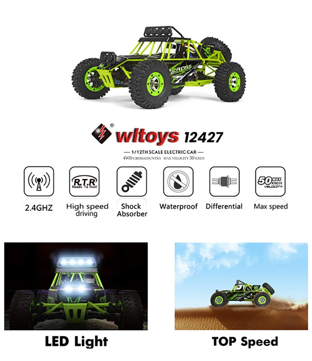 Wltoys 12427 1/12 Full Scale RC Car Off-road 540 Brushed Motor 50km/h Max Speed - 2 Batteries