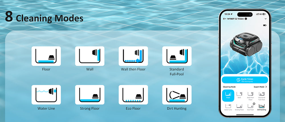 WYBOT C2 Vision Cordless Pool Robot Vacuum, Debris Detection with AI Camera, 8-in-1 Master Cleaning, Two-Layer Filtration, Brushless Motors for Powerful Suction, for Pools up to 1940Sq.ft, Black Green