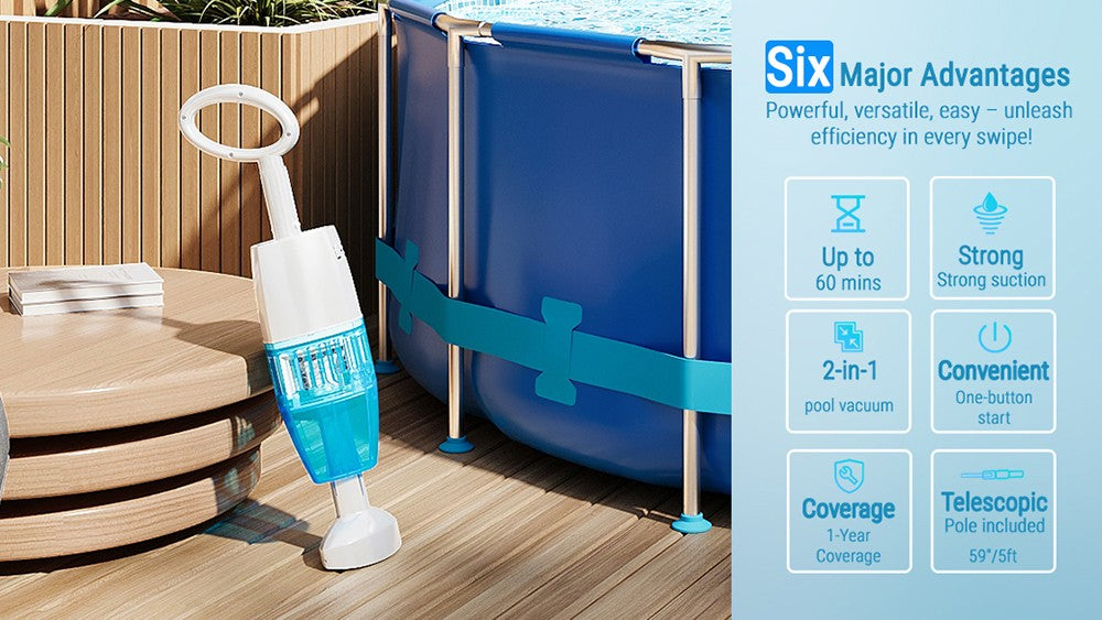 WYBOT HJ10P Handheld Pool Vacuum, Telescopic Pole Included, 25L/min Powerful Suction, 5200mAh Large Battery, Max. 60min Runtime, 0.5L Filter