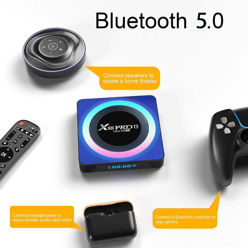 X88 Pro 13 Android 13 TV Box, RK3528 Quad-core, 2GB RAM 16GB ROM, Support 8K Video Decoding, Bluetooth 5.0, WiFi 6, 1*USB3.0, 1*USB2.0, 1*HDMI, 1*RJ451, 1*Micro SD Card