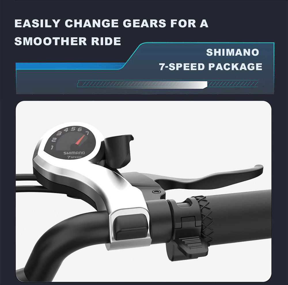 YAMALI FXH-006 Electric Bike, 350W Motor, 48V 18Ah Battery, 20*4'' Fat Tires, 40km/h Max Speed, 50km Range, Shimano 7 Speed, Front & Rear Mechanical Disc Brakes, Shimano 7 Speed, LCD Display - Black