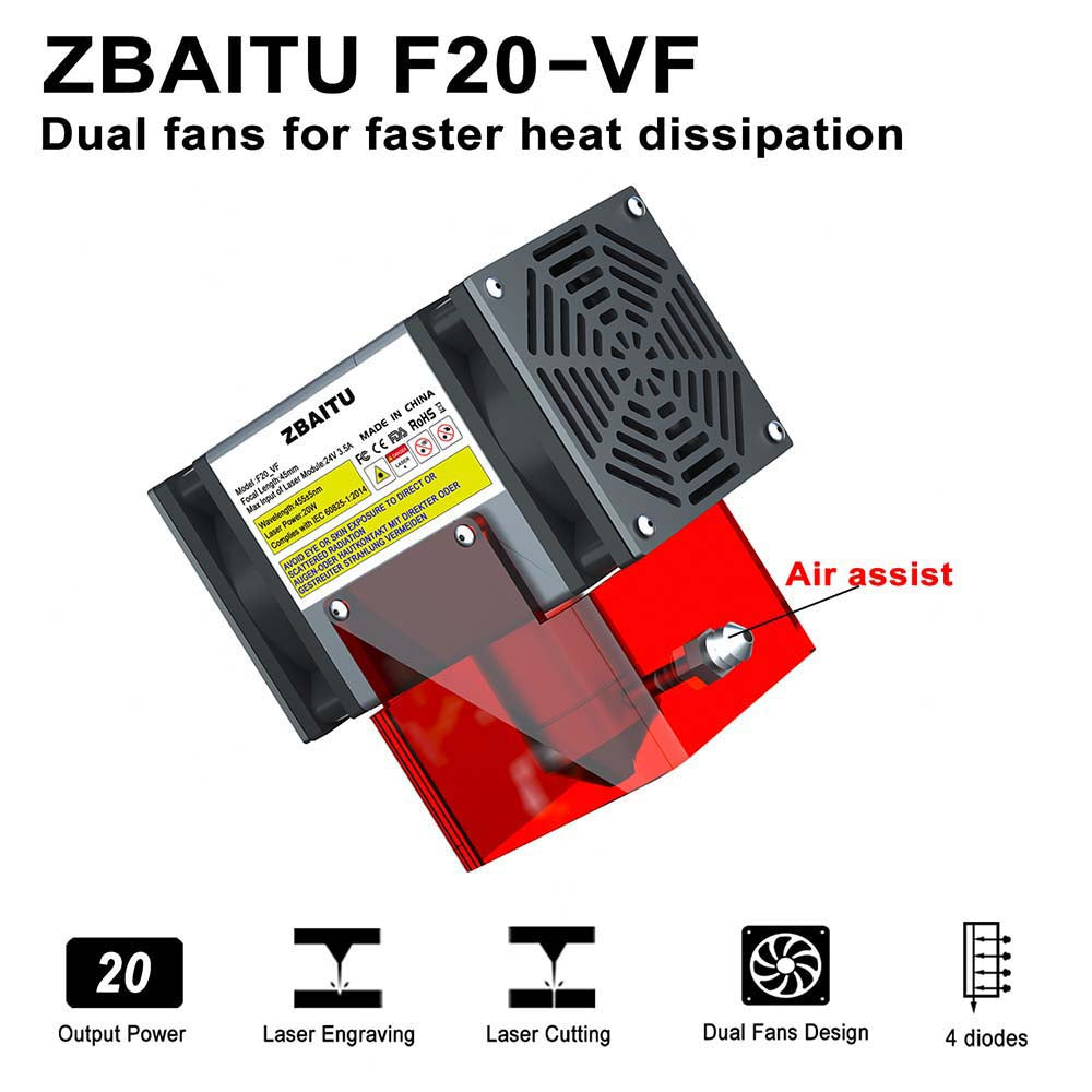 ZBAITU F20-VF 20W Laser Module, Air Assist, Fixed-focus, 0.08x0.08mm Spot, 0.01mm Accuracy, Dual Fans