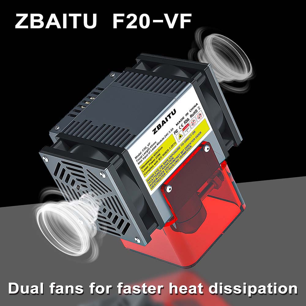 ZBAITU F20-VF 20W Laser Module, Air Assist, Fixed-focus, 0.08x0.08mm Spot, 0.01mm Accuracy, Dual Fans