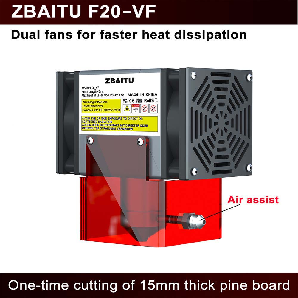 ZBAITU F20-VF 20W Laser Module, Air Assist, Fixed-focus, 0.08x0.08mm Spot, 0.01mm Accuracy, Dual Fans